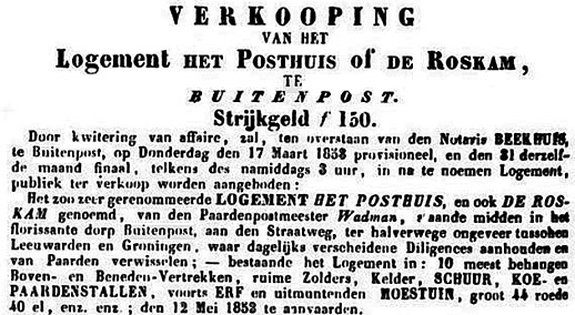 advertentie verkoop roskam 1853