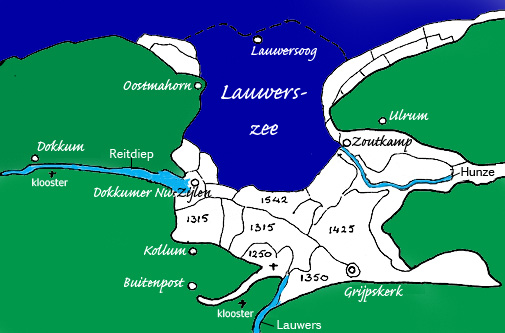 kaartje van inpolderingen Lauwerszeegebied