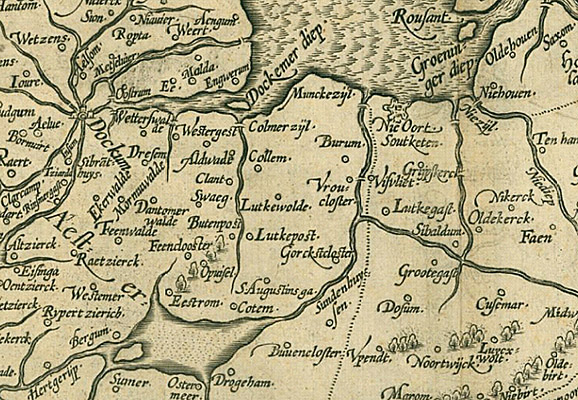 kaart van buitenpost en omgeving rond 1570