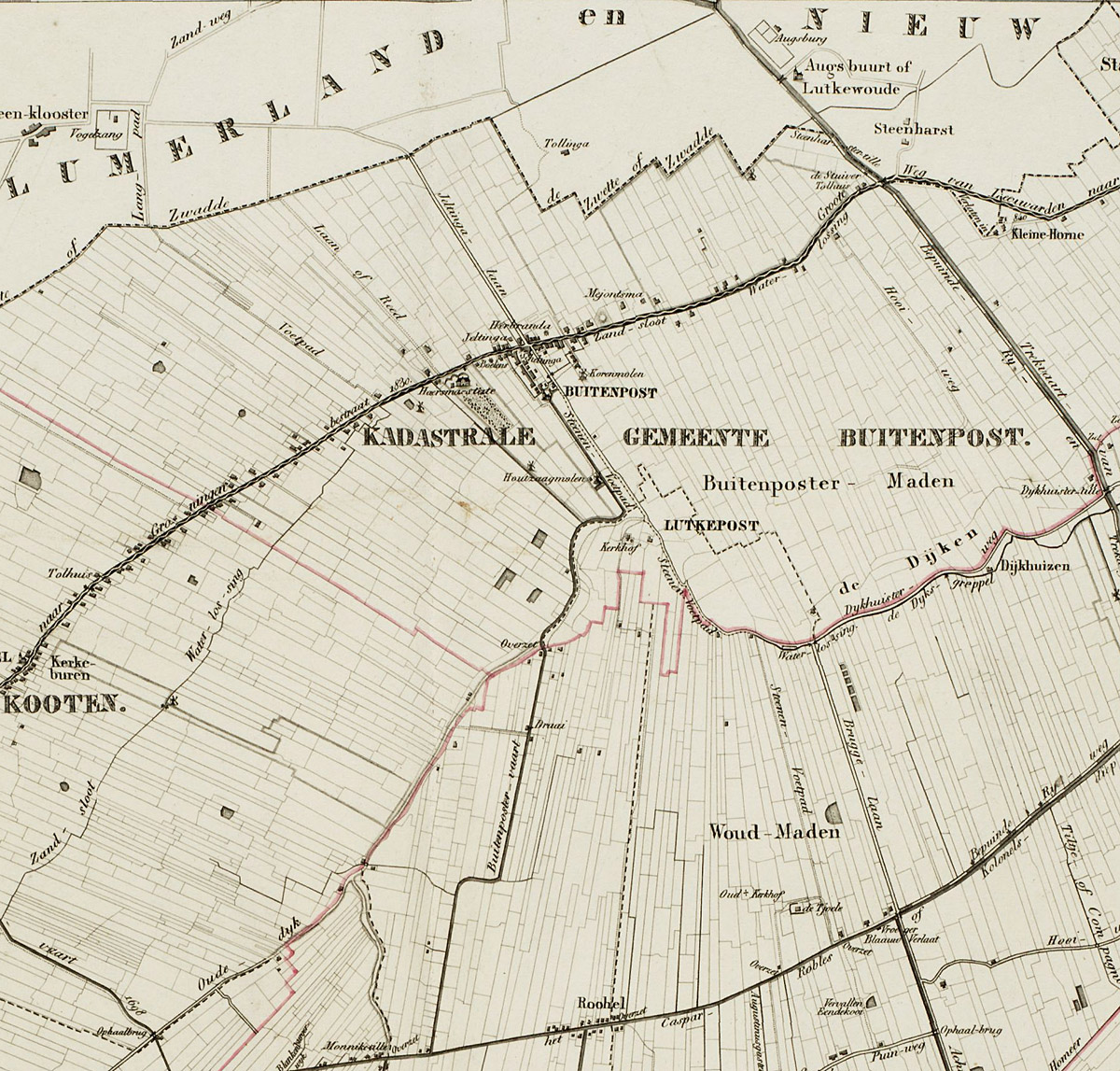 kadastrale kaart van buitenpost en omgeving rond 1850