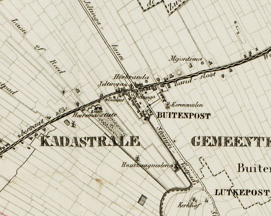 kadasterkaart Buitenpost en omgeving rond 1850