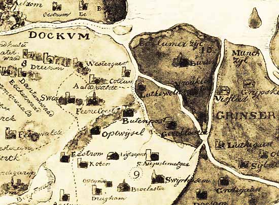 kaartje van Buitenpost en omgeving rond 1552