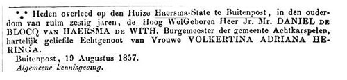 overlijdensbericht Daniel van Haersma in 1857