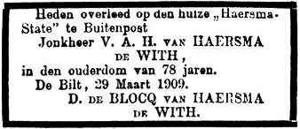 overlijdensbericht van vah haersma de with in 1909